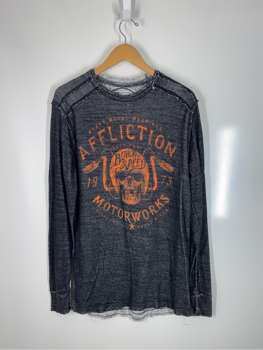 Affliction Reversible Thermal Long Sleeve Shirt Men’s Graphic Biker Tee Motor L